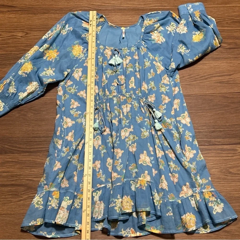 Free People Blue Ruffled Sundress with Square Neck Size: Small